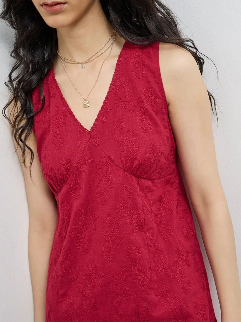 Red Floral Embroidered Cotton Dress